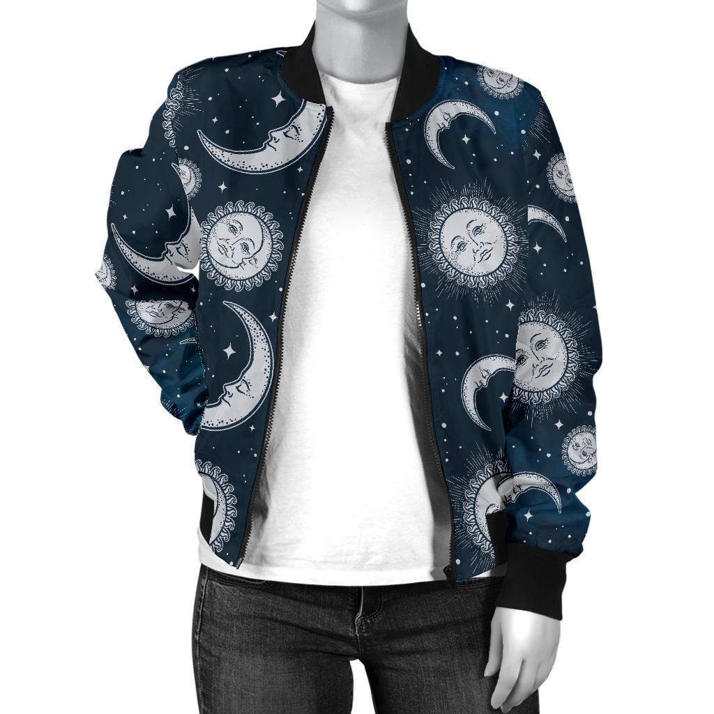 Moon Sun Pattern Print Women Casual Bomber Jacket-grizzshop