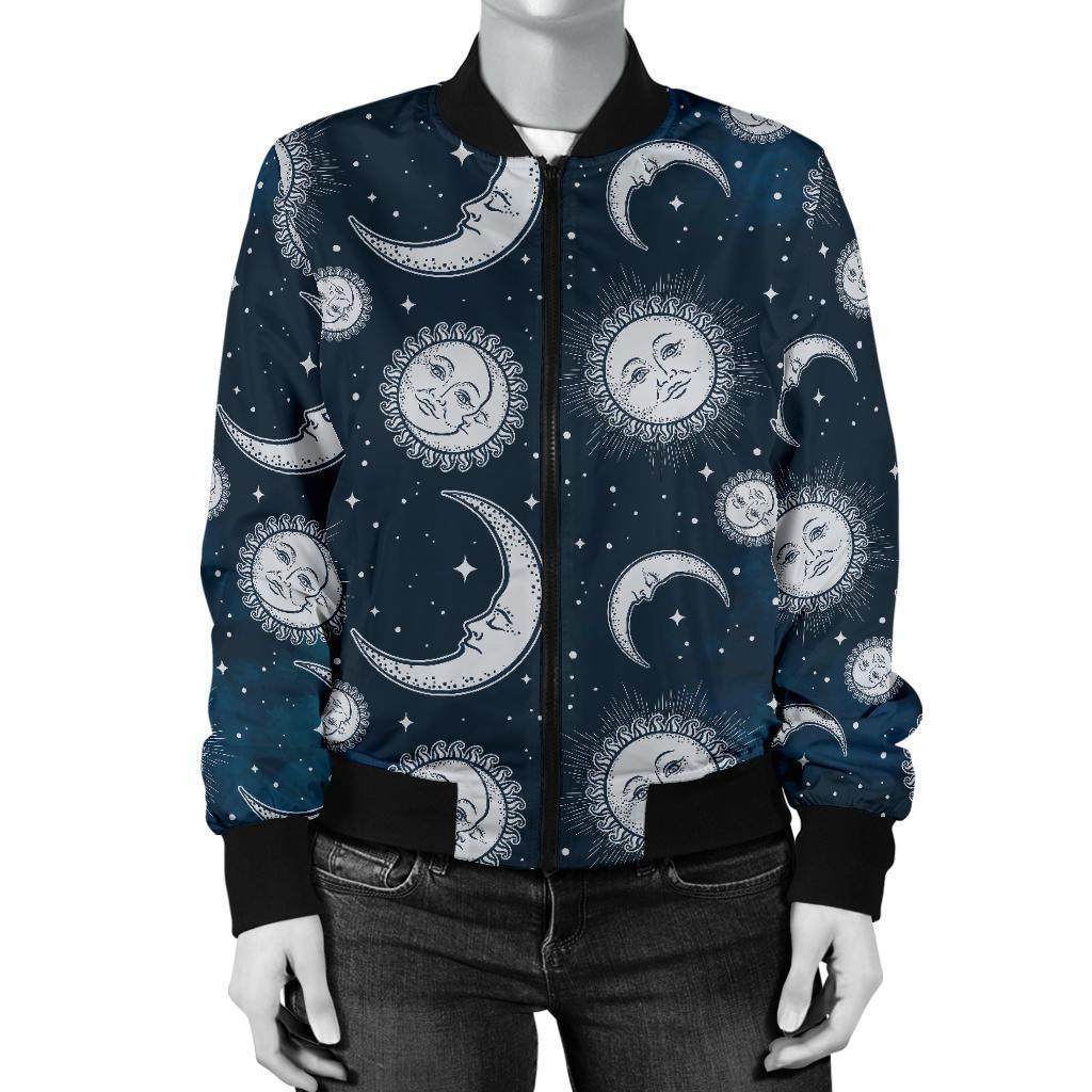 Moon Sun Pattern Print Women Casual Bomber Jacket-grizzshop