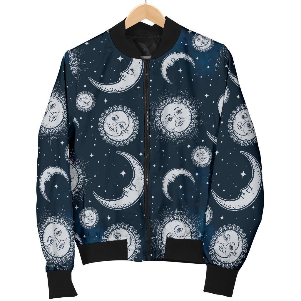 Moon Sun Pattern Print Women Casual Bomber Jacket-grizzshop