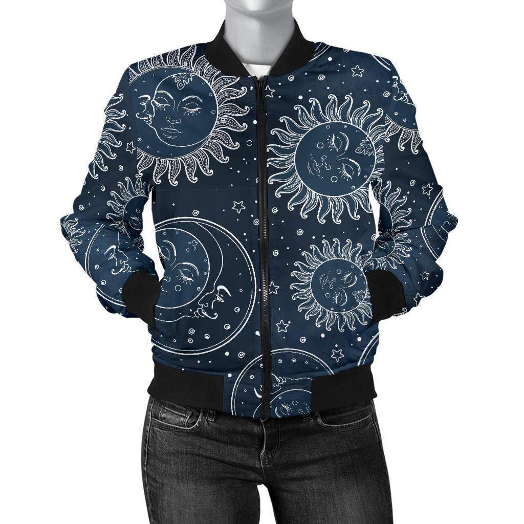 Moon Sun Print Pattern Women Casual Bomber Jacket-grizzshop