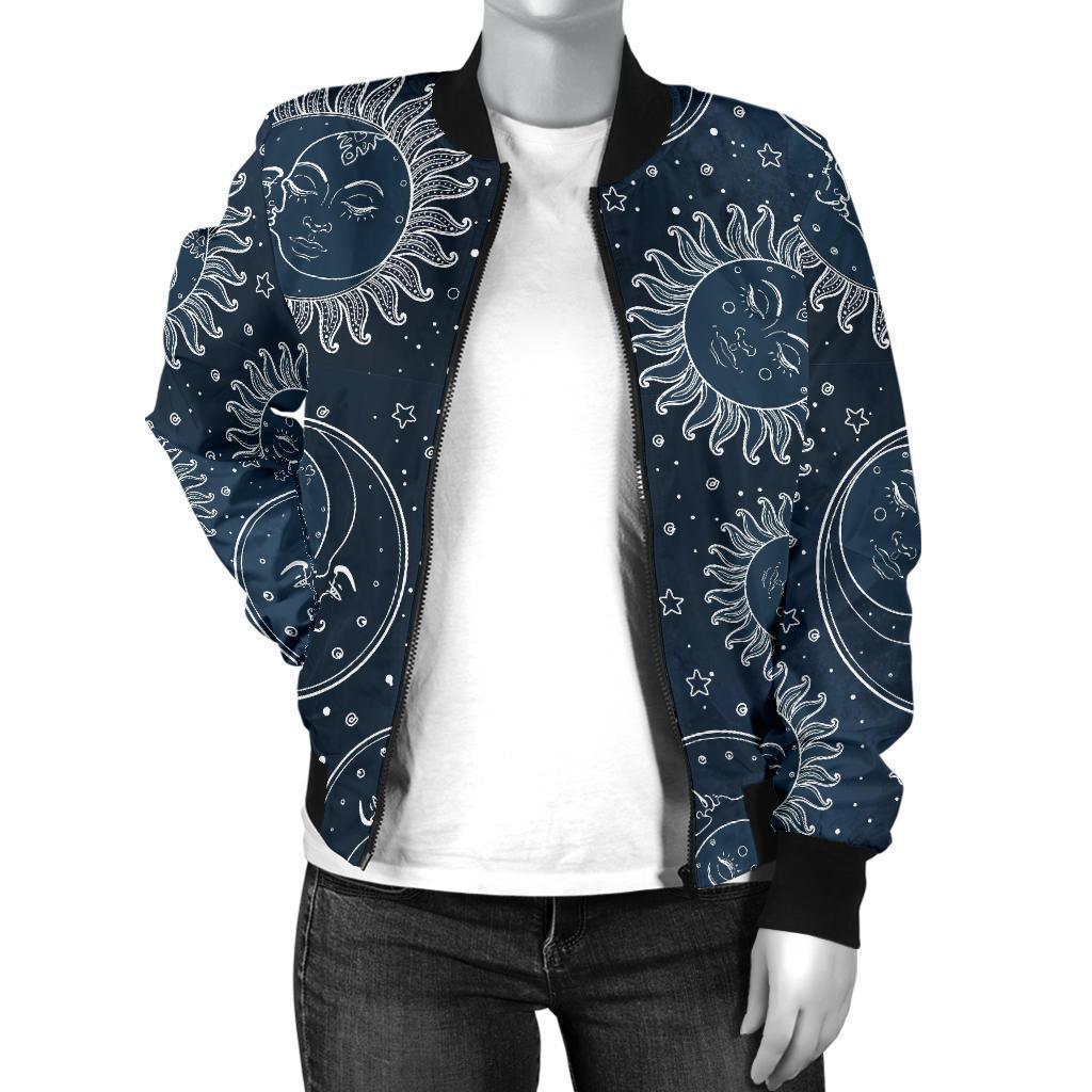Moon Sun Print Pattern Women Casual Bomber Jacket-grizzshop