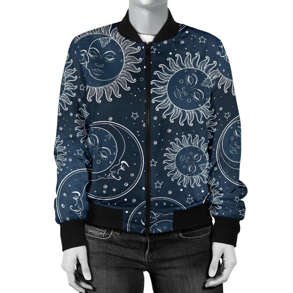 Moon Sun Print Pattern Women Casual Bomber Jacket-grizzshop