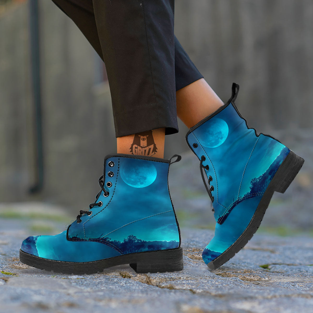 Moonlight And Night Forest Print Leather Boots-grizzshop