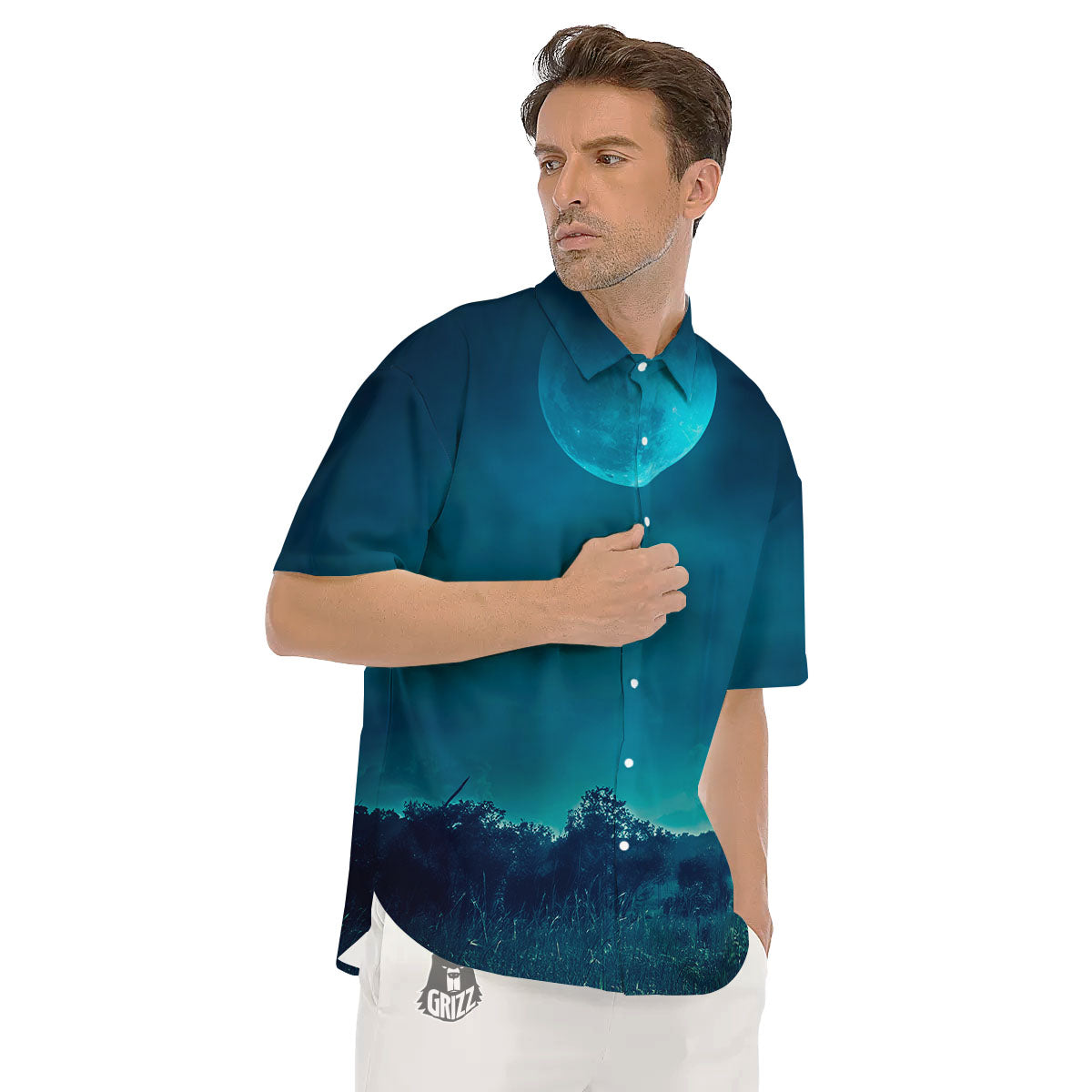 Moonlight And Night Forest Print Men's Short Sleeve Shirts-grizzshop