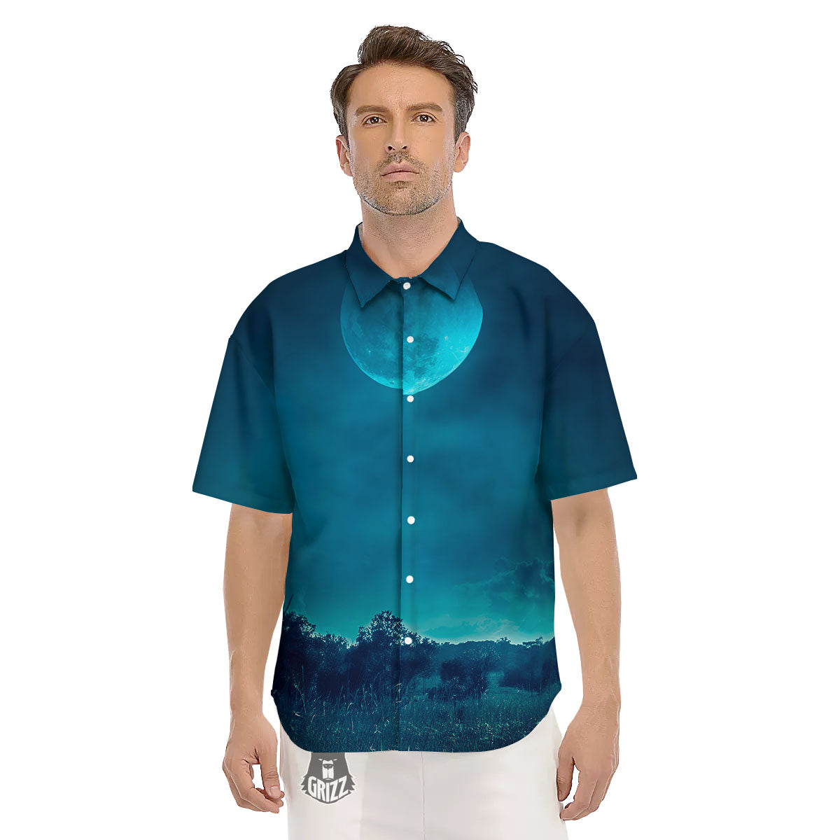 Moonlight And Night Forest Print Men's Short Sleeve Shirts-grizzshop