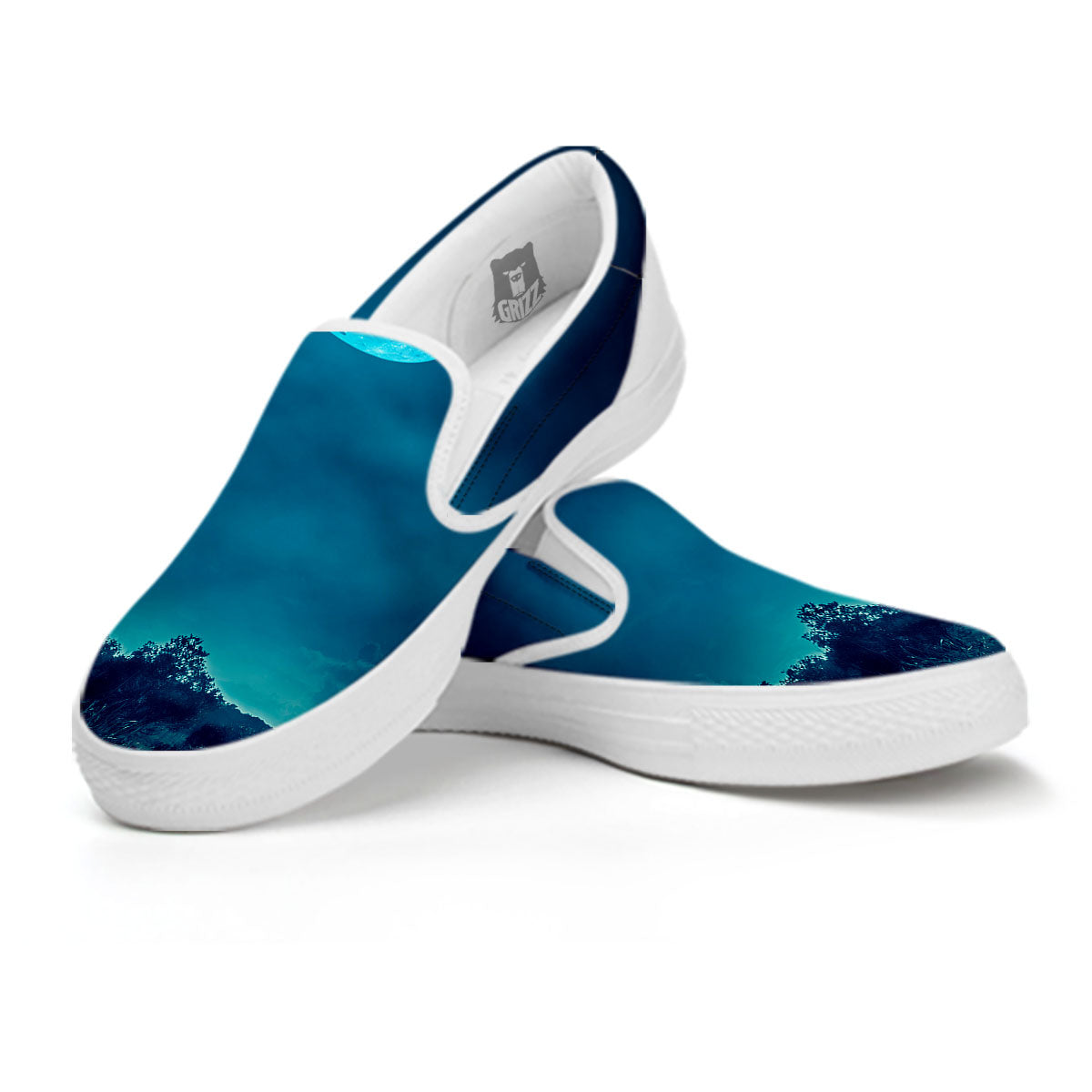 Moonlight And Night Forest Print White Slip On Shoes-grizzshop