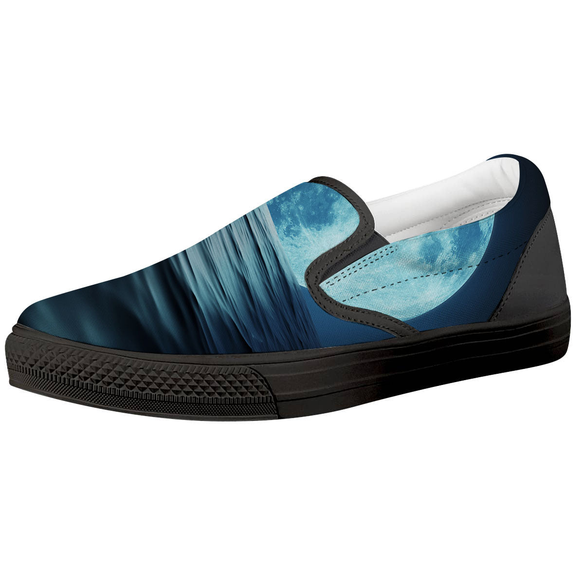 Moonlight And The Sea Print Black Slip On Shoes-grizzshop