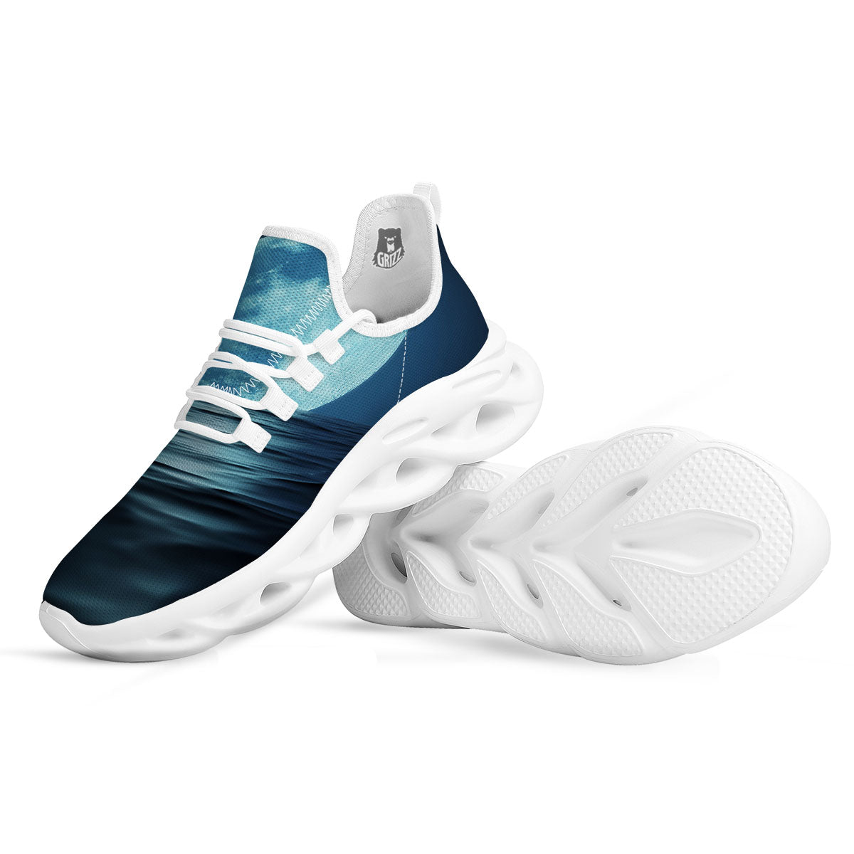 Moonlight And The Sea Print White Running Shoes-grizzshop