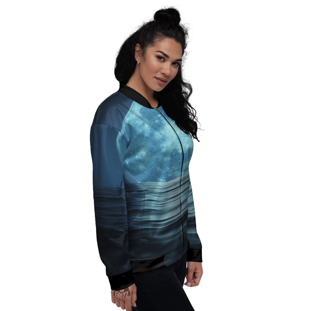 Moonlight And The Sea Print Women's Bomber Jacket-grizzshop