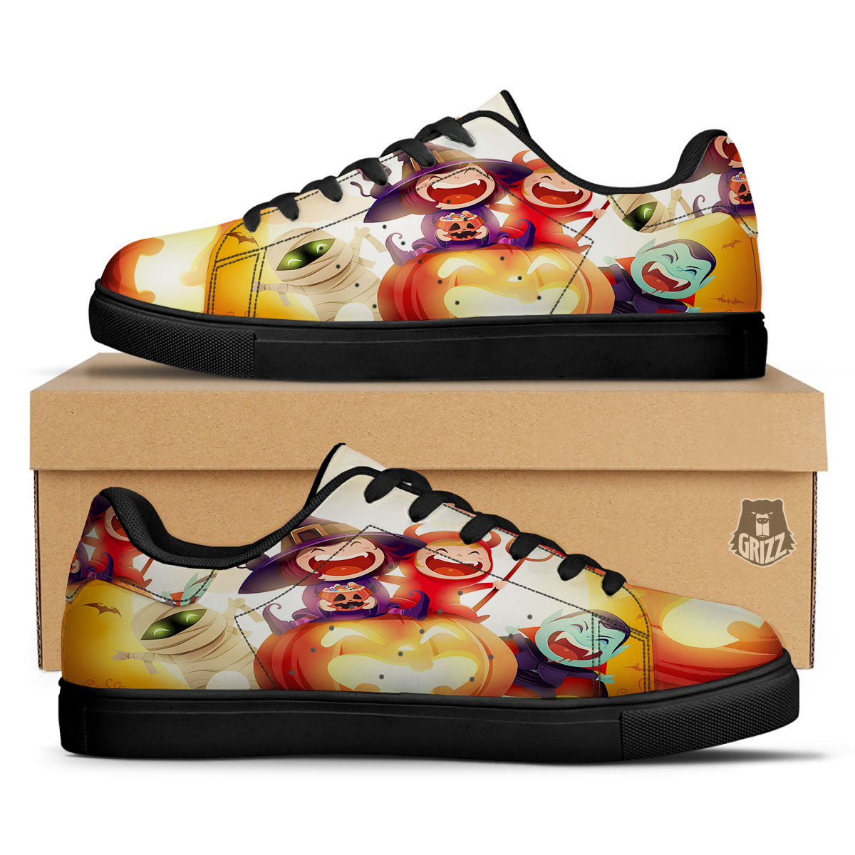 Moonlight Halloween Print Black Low Top Sneakers-grizzshop