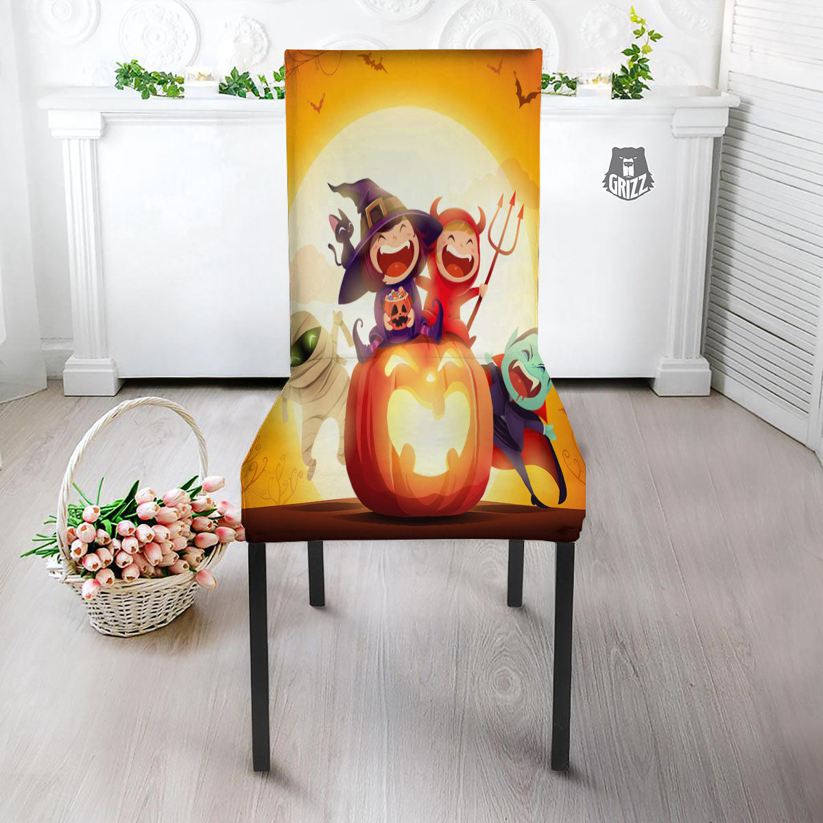 Moonlight Halloween Print Dining Chair Slipcover-grizzshop