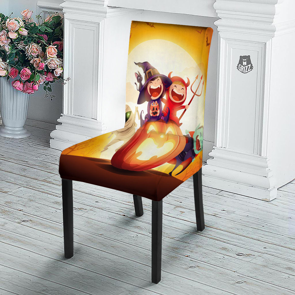 Moonlight Halloween Print Dining Chair Slipcover-grizzshop