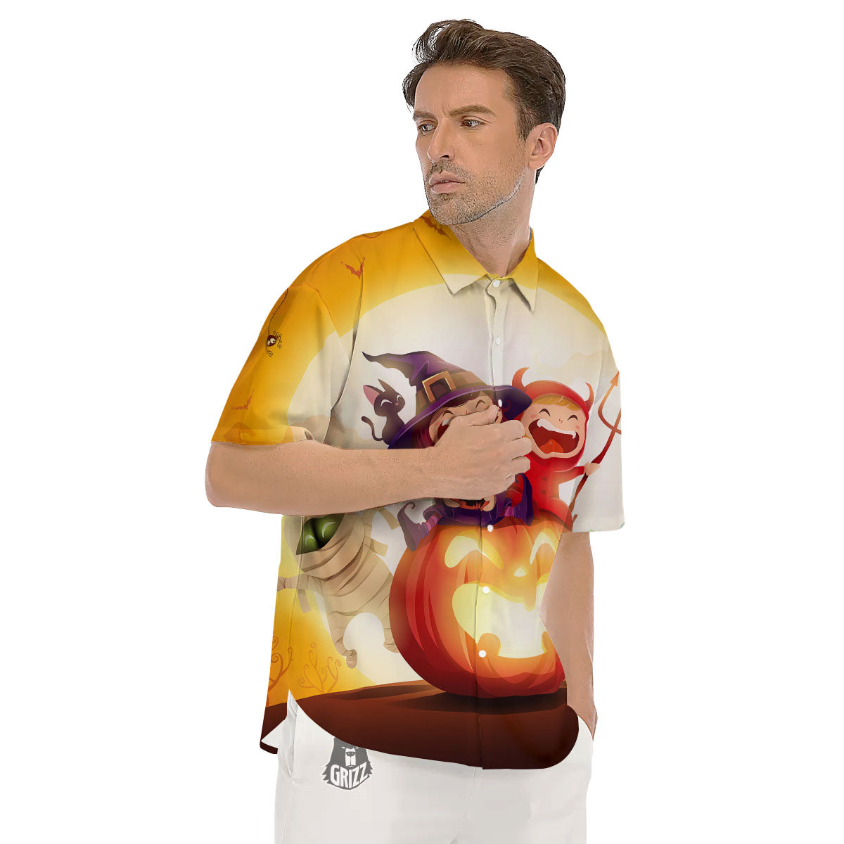 Moonlight Halloween Print Men's Short Sleeve Shirts-grizzshop