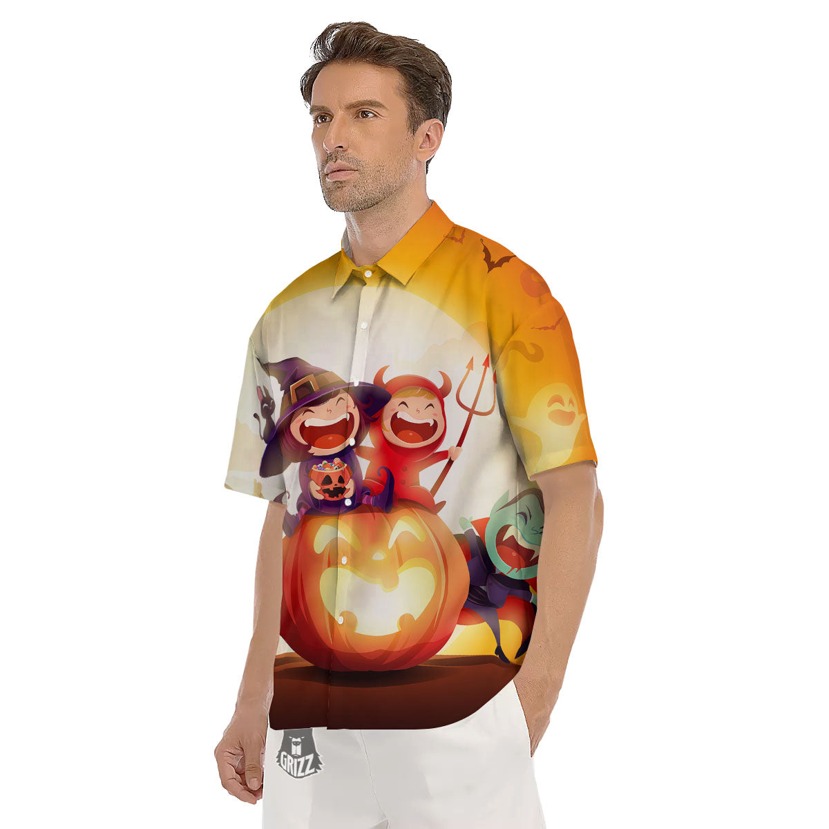Moonlight Halloween Print Men's Short Sleeve Shirts-grizzshop
