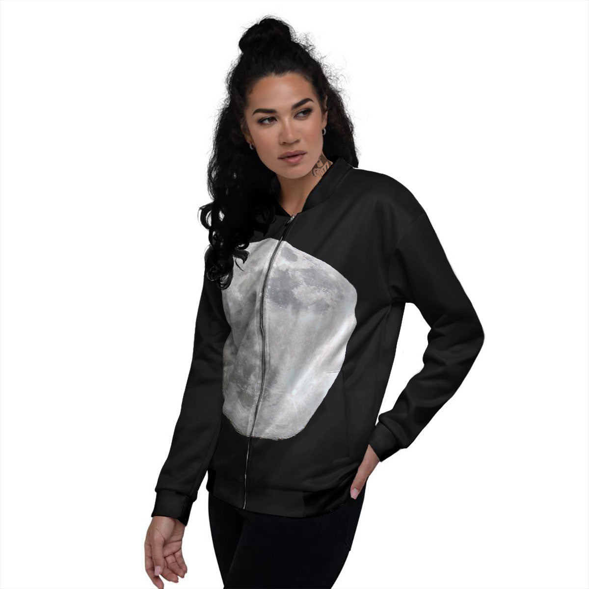 Moonlight White And Black Print Women's Bomber Jacket-grizzshop