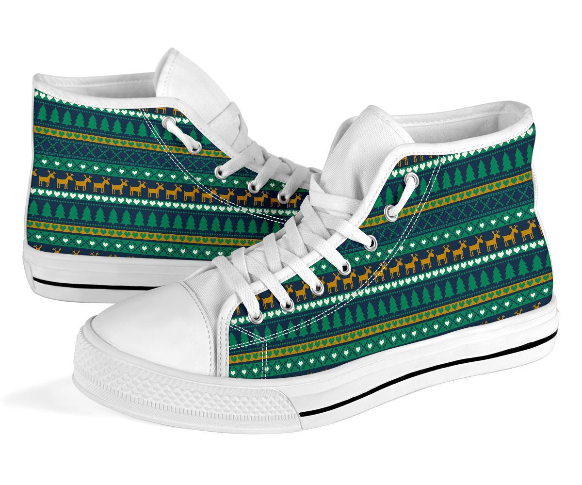Moose Christmas Tree Pattern Print Men Women's High Top Shoes-grizzshop