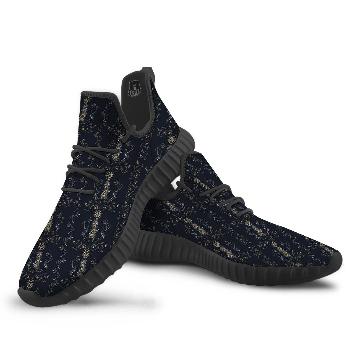 Mosaic Bird Pattern Black Walking Shoes-grizzshop