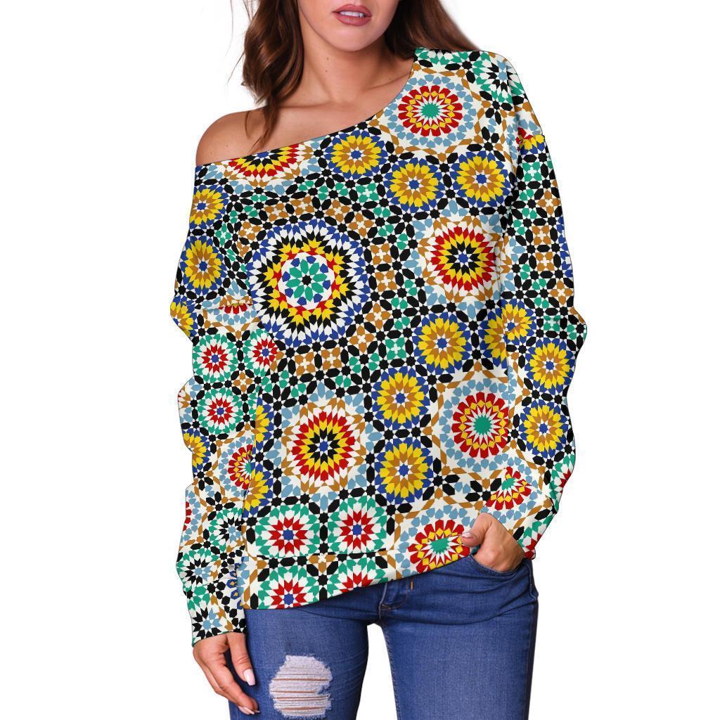 Mosaic Colorful Pattern Print Women Off Shoulder Sweatshirt-grizzshop