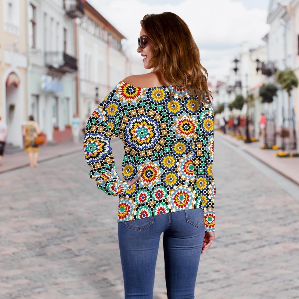 Mosaic Colorful Pattern Print Women Off Shoulder Sweatshirt-grizzshop