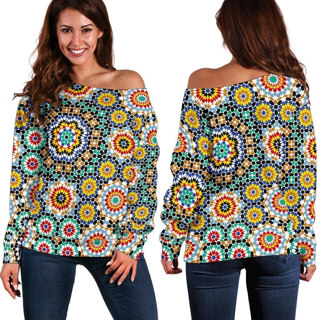 Mosaic Colorful Pattern Print Women Off Shoulder Sweatshirt-grizzshop