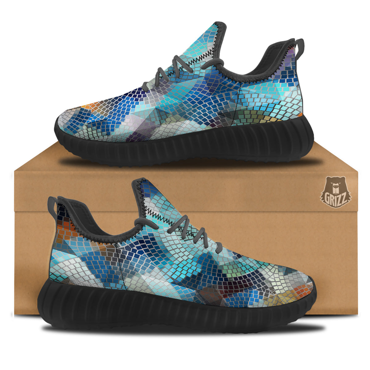 Mosaic Geometric Colorful Print Black Walking Shoes-grizzshop