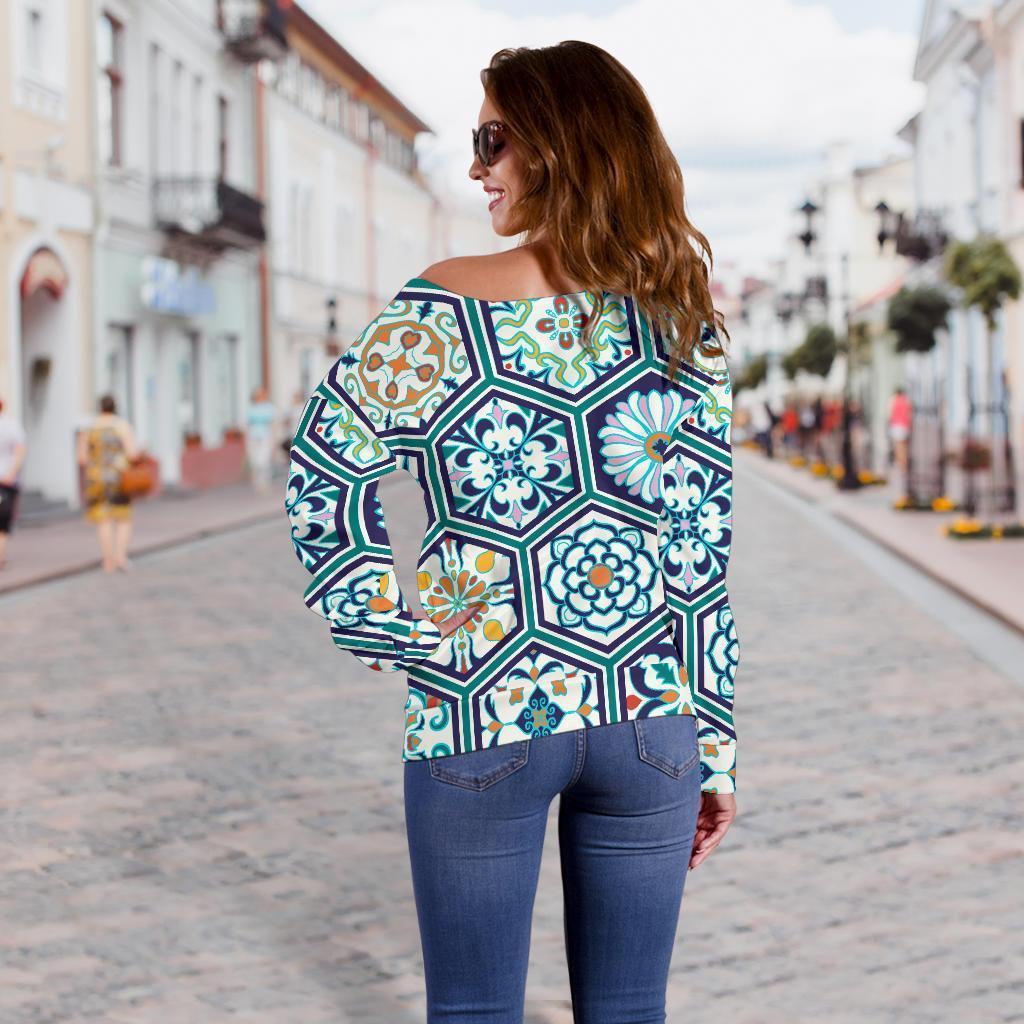 Mosaic Pattern Print Women Off Shoulder Sweatshirt-grizzshop
