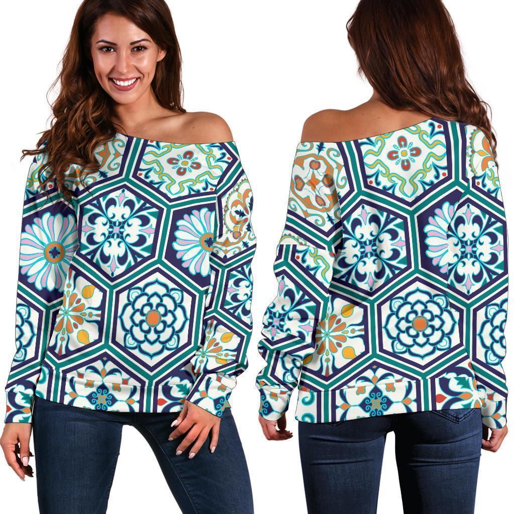 Mosaic Pattern Print Women Off Shoulder Sweatshirt-grizzshop