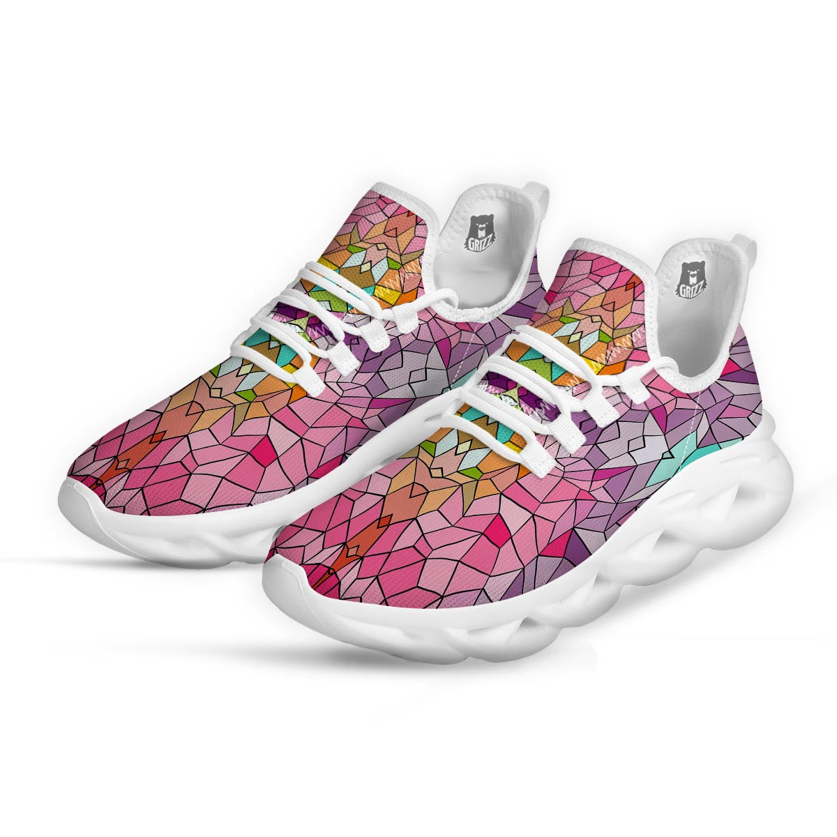 Mosaic Stained Glass Print Pattern White Running Shoes-grizzshop