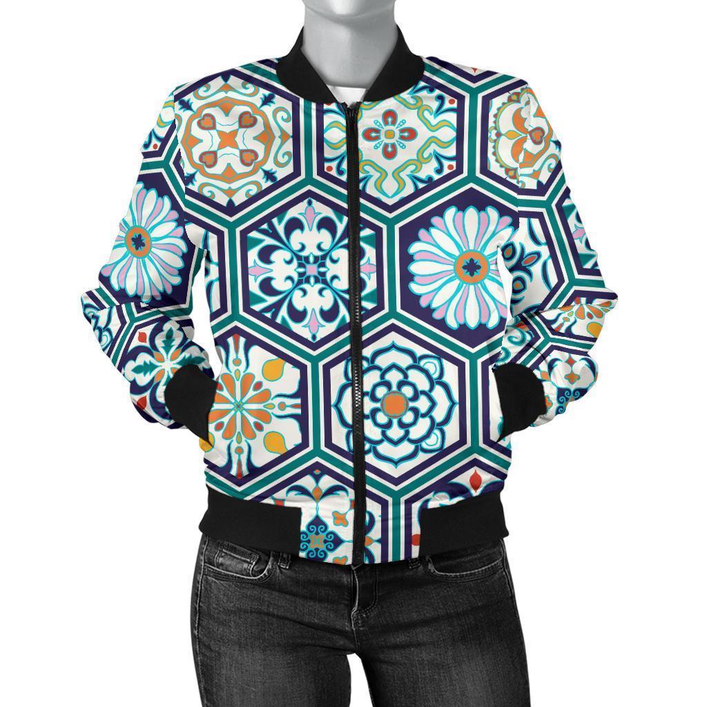 Mosaic Pattern Print Women Casual Bomber Jacket-grizzshop