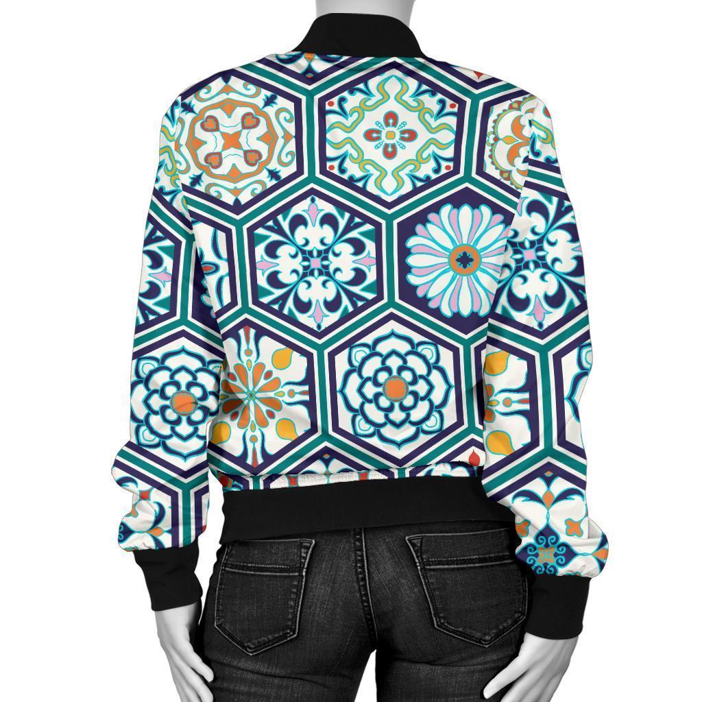 Mosaic Pattern Print Women Casual Bomber Jacket-grizzshop