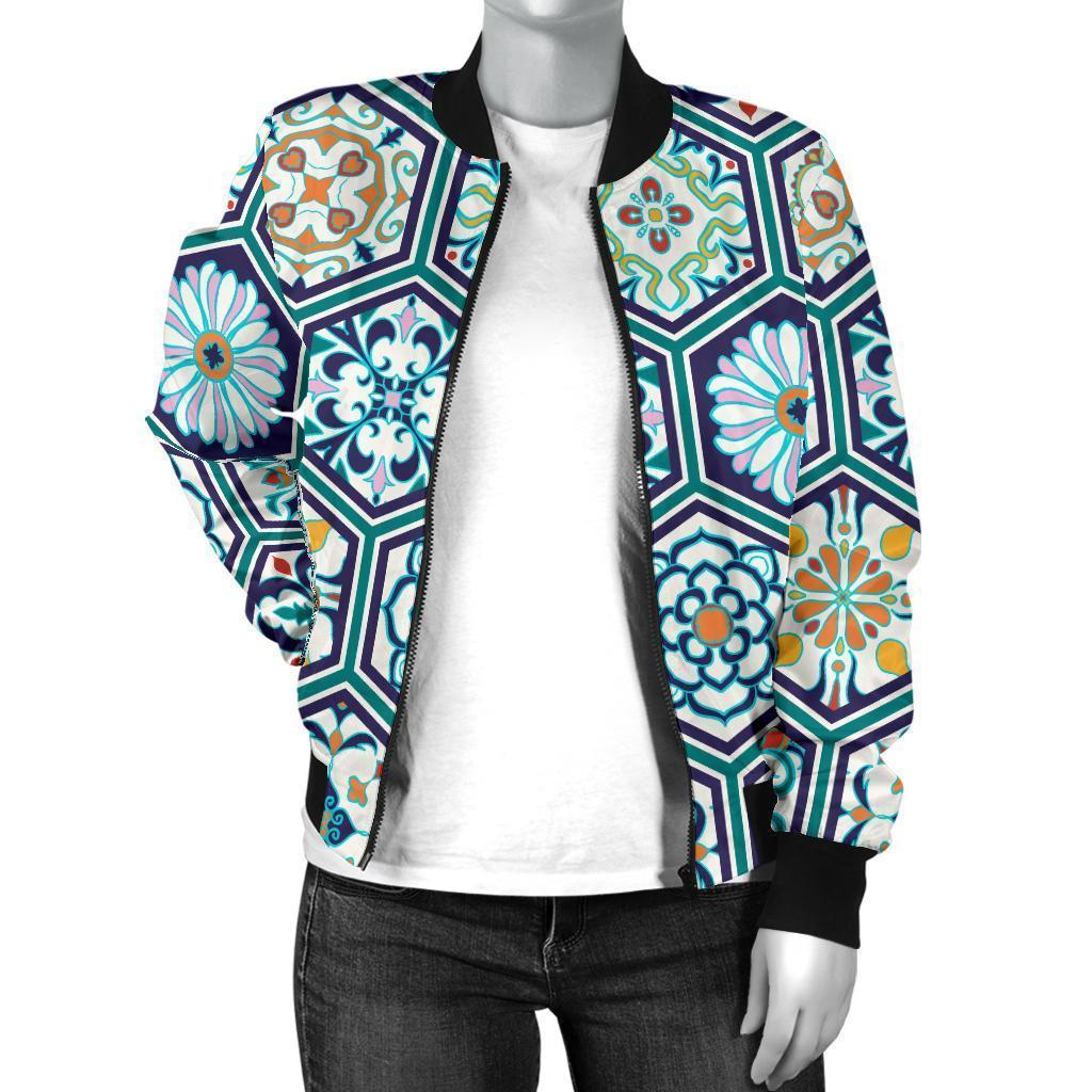 Mosaic Pattern Print Women Casual Bomber Jacket-grizzshop