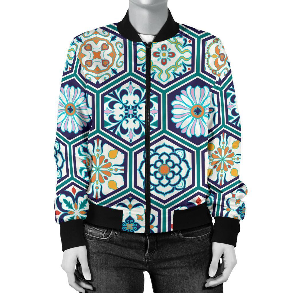 Mosaic Pattern Print Women Casual Bomber Jacket-grizzshop