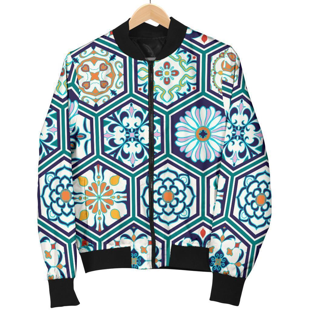 Mosaic Pattern Print Women Casual Bomber Jacket-grizzshop