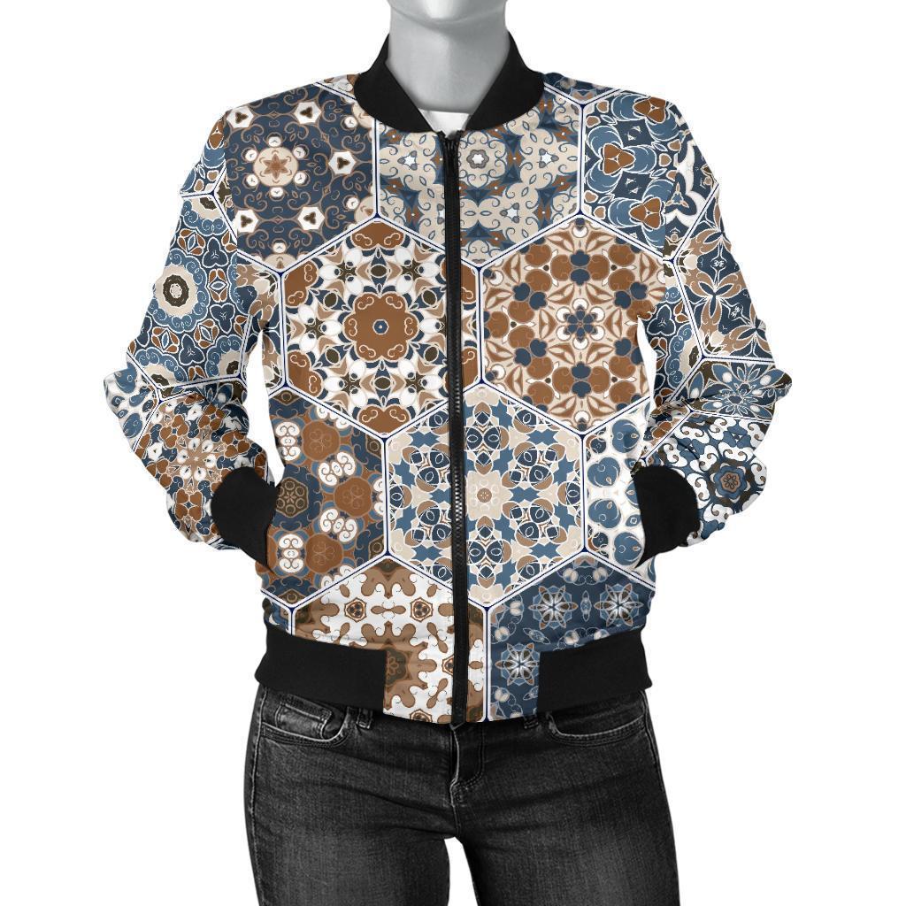 Mosaic Print Pattern Women Casual Bomber Jacket-grizzshop