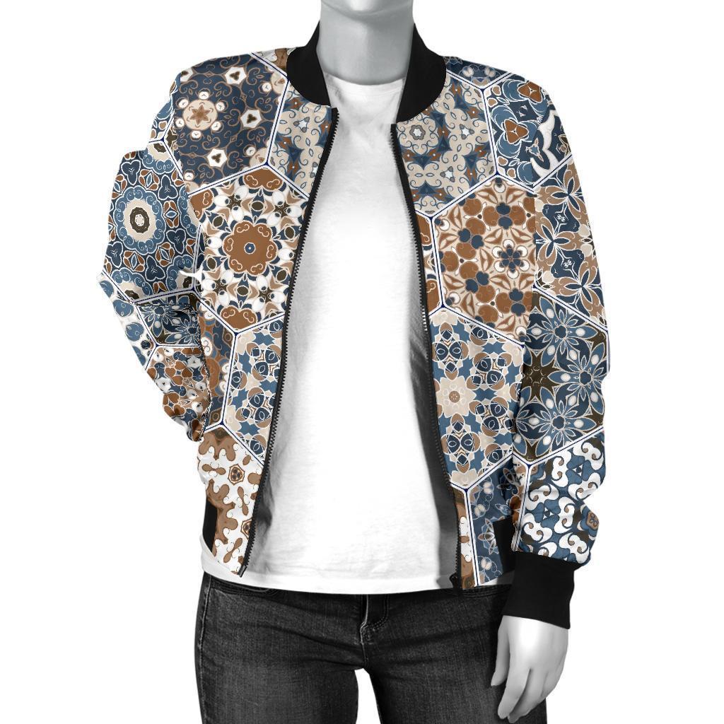 Mosaic Print Pattern Women Casual Bomber Jacket-grizzshop