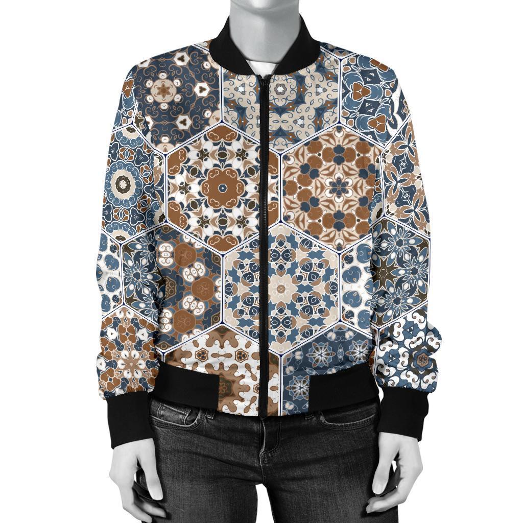 Mosaic Print Pattern Women Casual Bomber Jacket-grizzshop