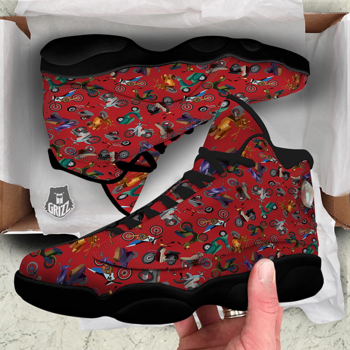 Motorcycle And Red Print Pattern Black Basketball Shoes-grizzshop