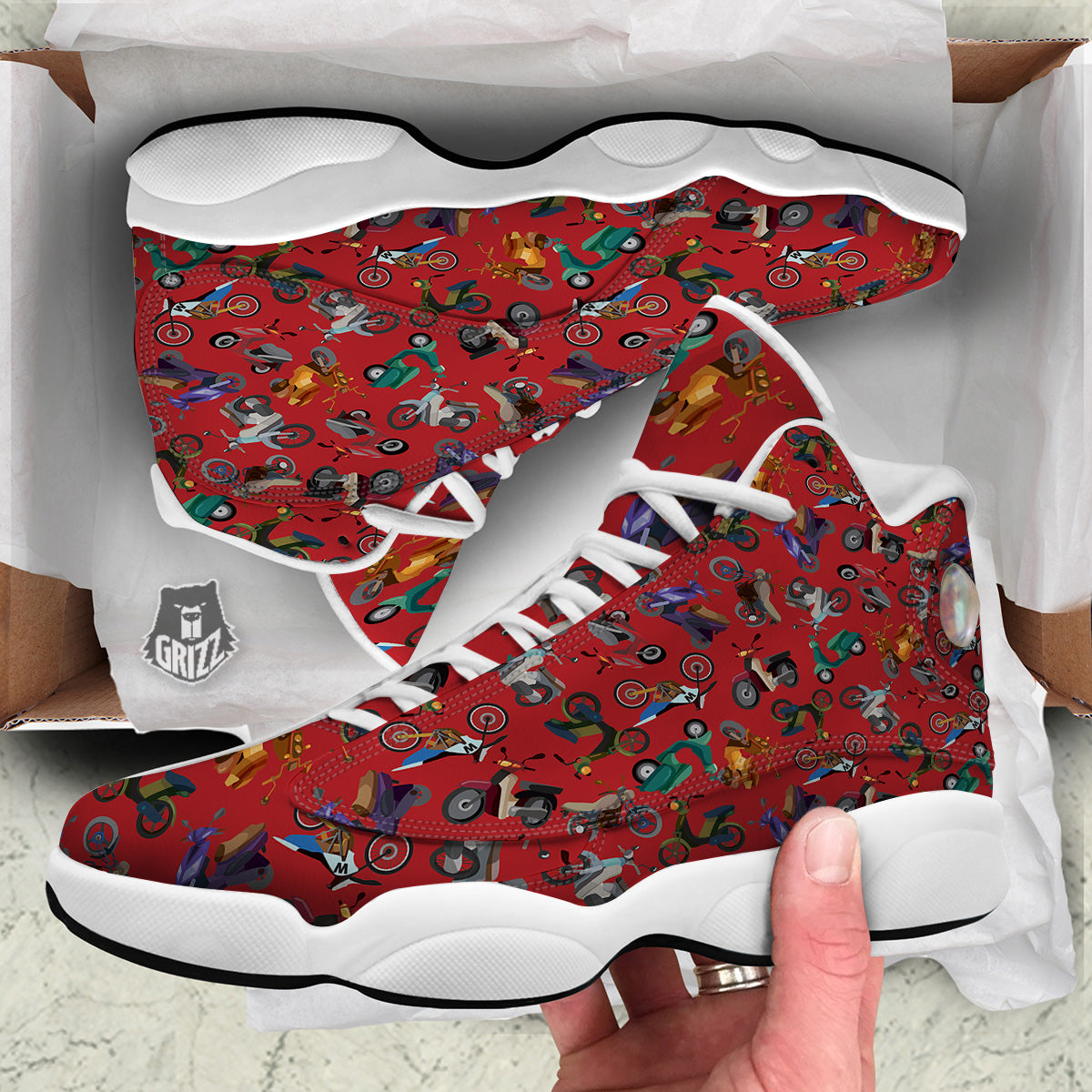 Motorcycle And Red Print Pattern White Basketball Shoes-grizzshop