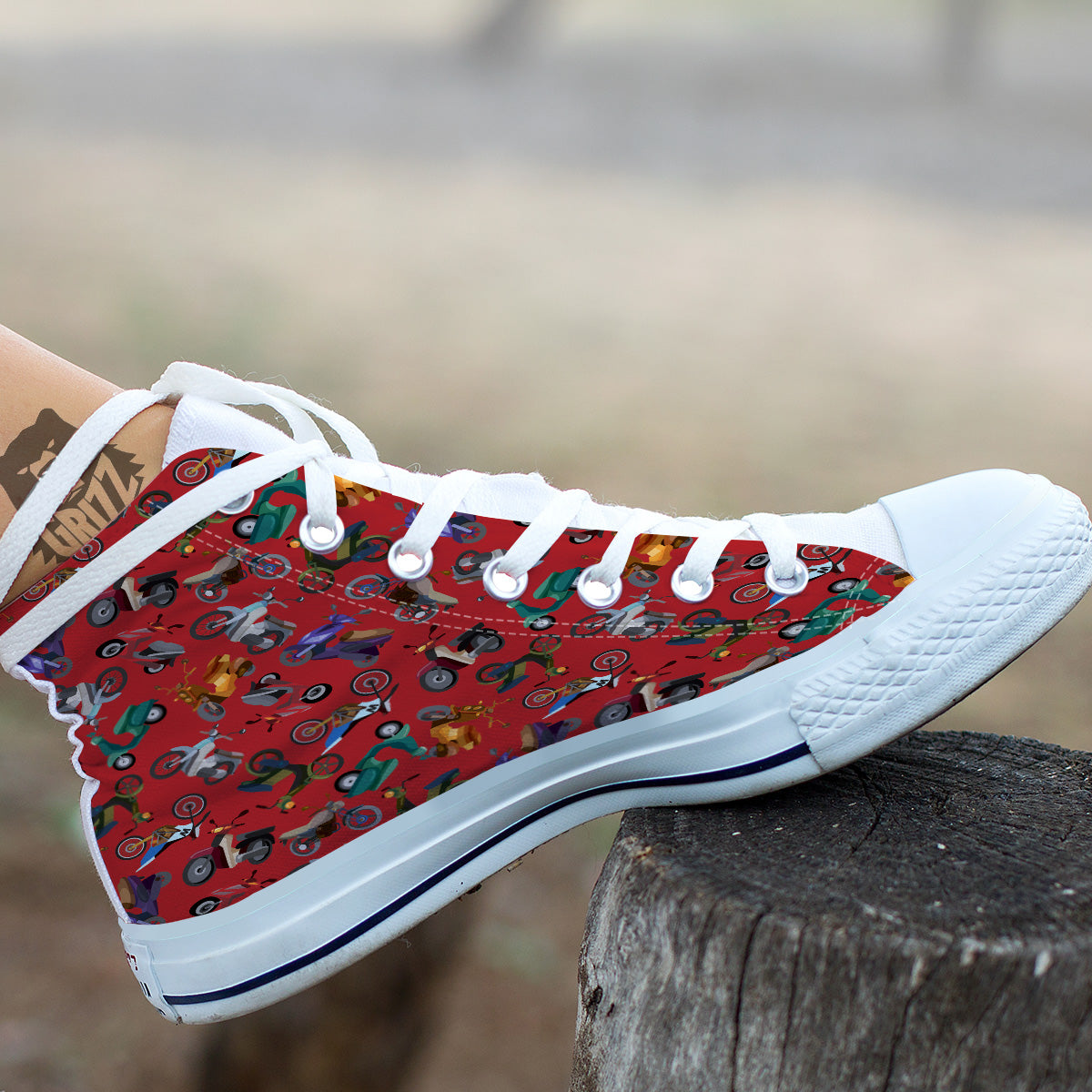 Motorcycle And Red Print Pattern White High Top Shoes-grizzshop