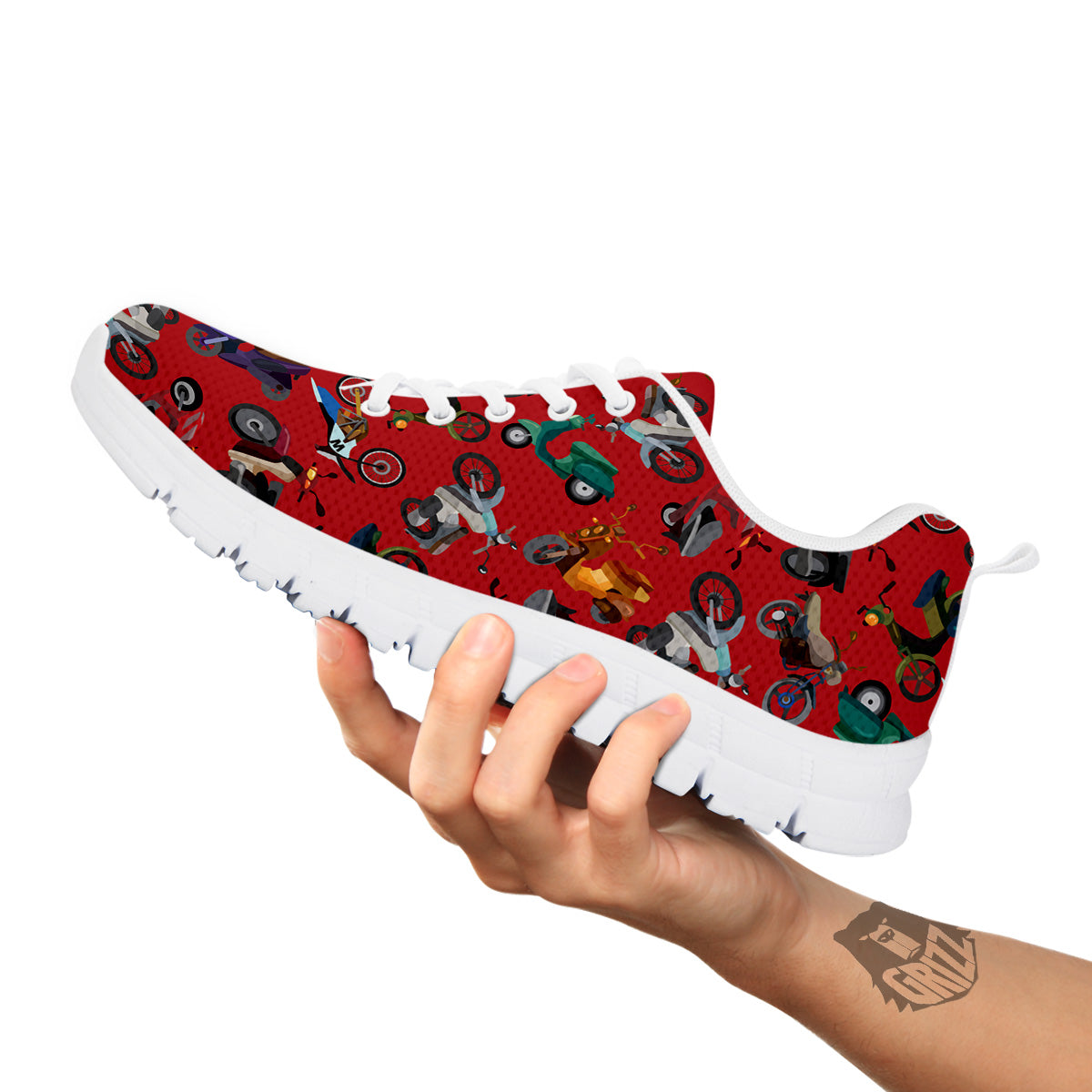 Motorcycle And Red Print Pattern White Sneaker-grizzshop
