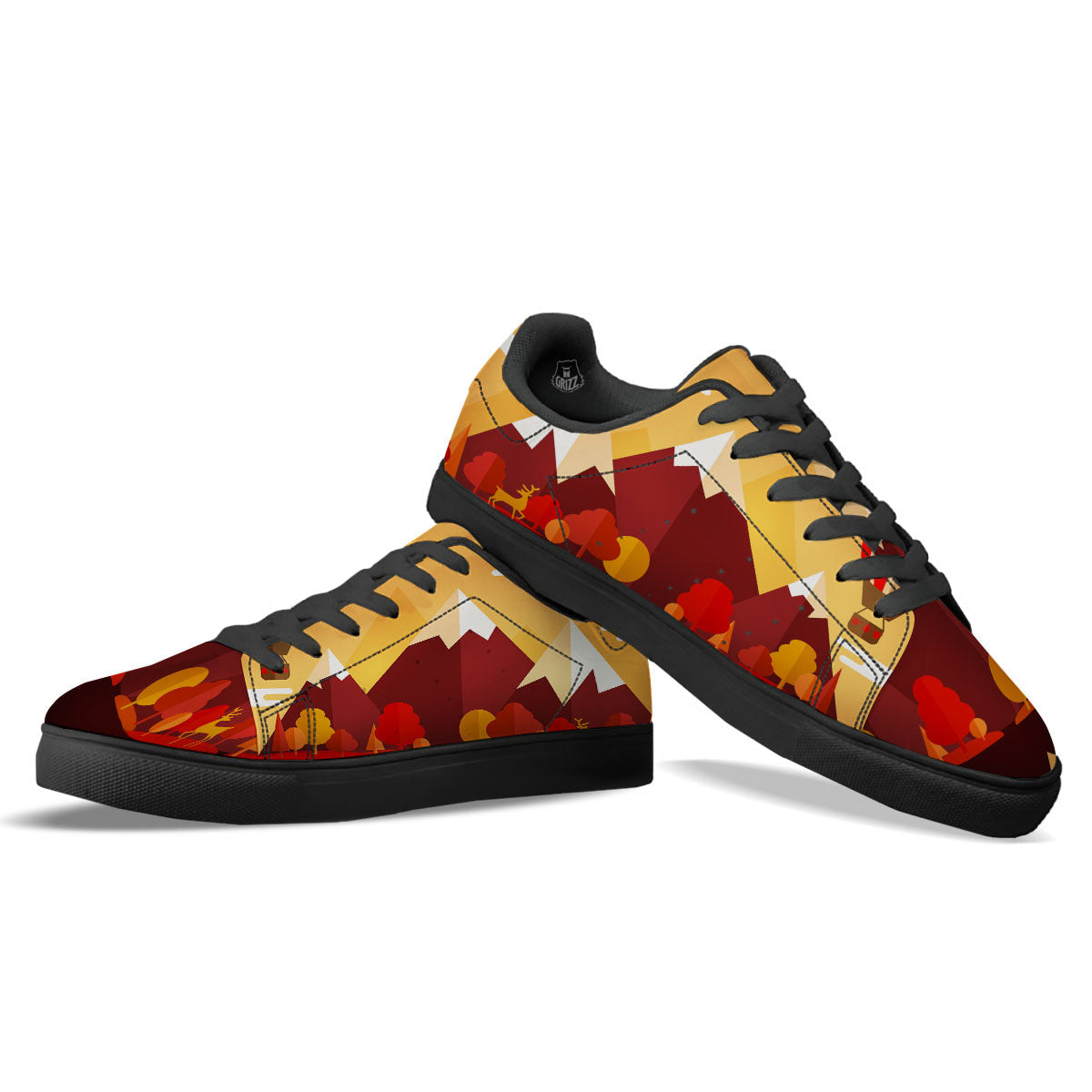 Mountain Autumn Print Black Low Top Sneakers-grizzshop