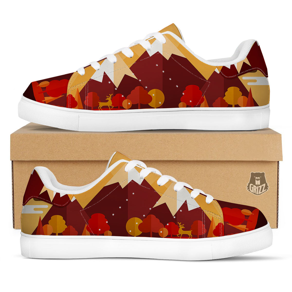 Mountain Autumn Print White Low Top Sneakers-grizzshop