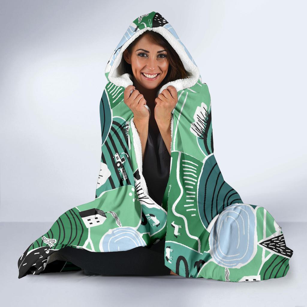 Mountain Cartoon Pattern Print Hooded Blanket-grizzshop
