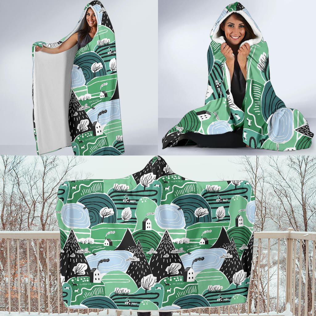 Mountain Cartoon Pattern Print Hooded Blanket-grizzshop