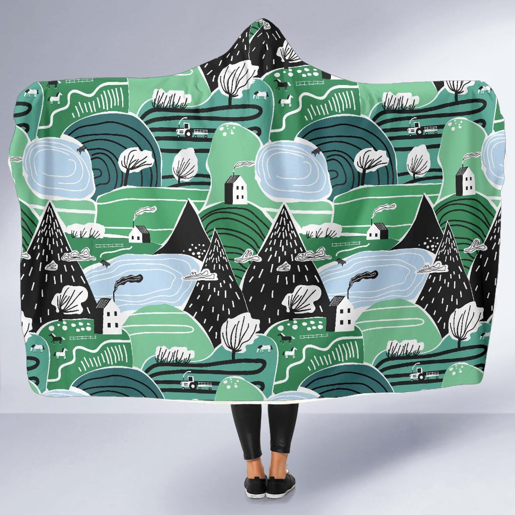 Mountain Cartoon Pattern Print Hooded Blanket-grizzshop