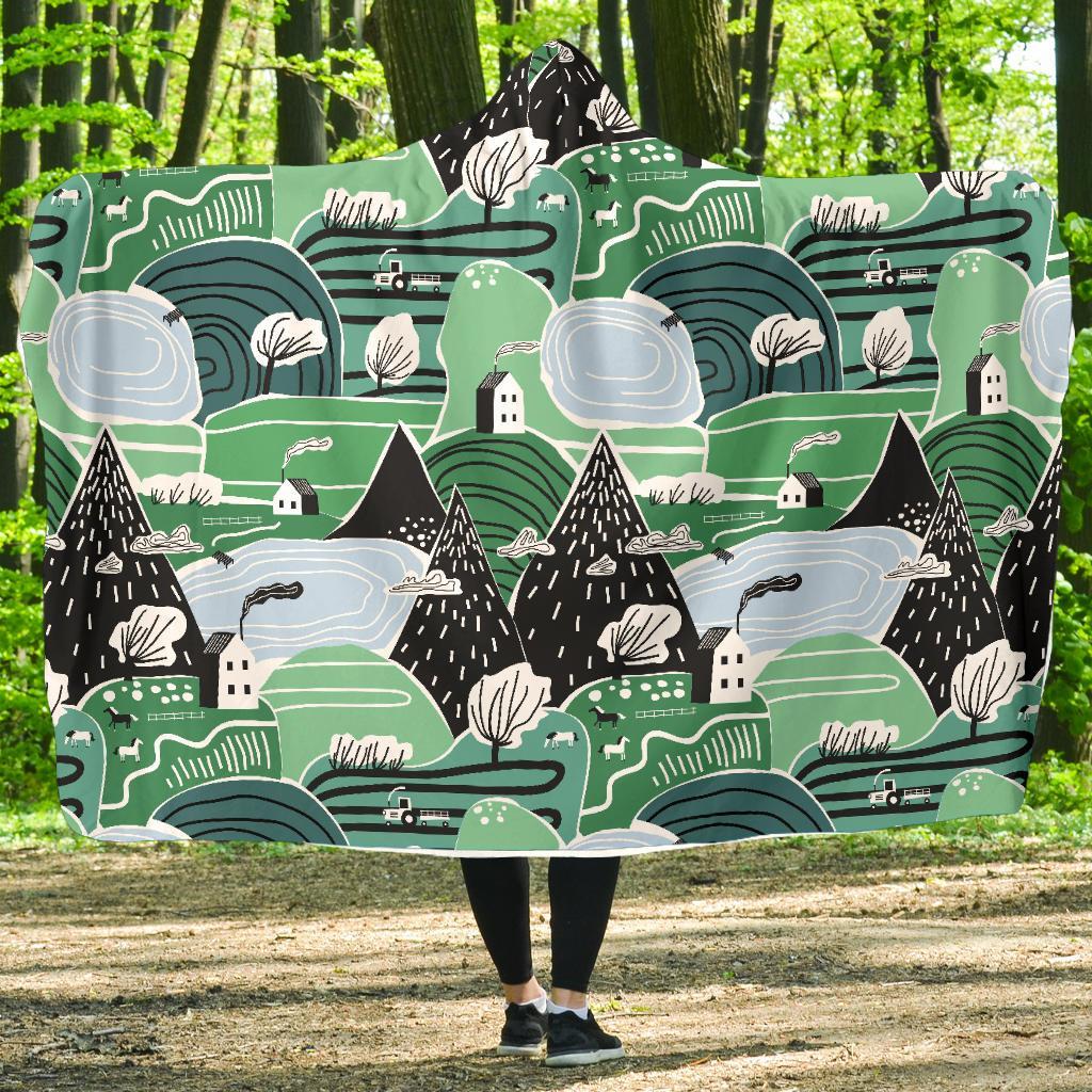 Mountain Cartoon Pattern Print Hooded Blanket-grizzshop