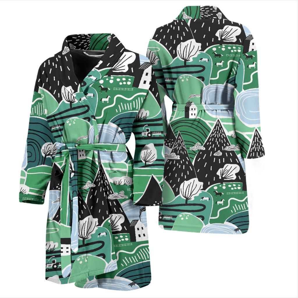 Mountain Cartoon Pattern Print Men Long Robe-grizzshop