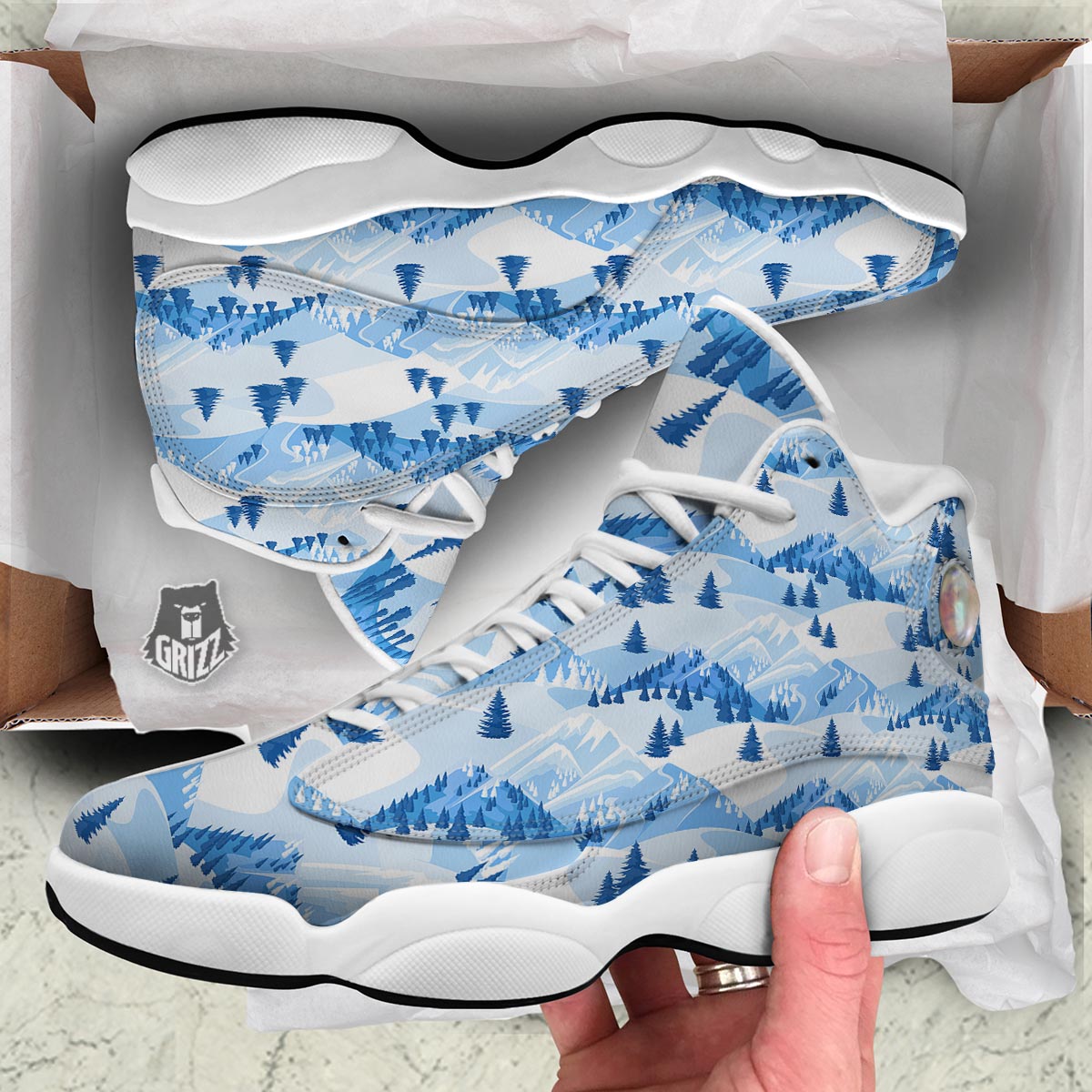 Mountain Skiing Print Pattern White Basketball Shoes-grizzshop