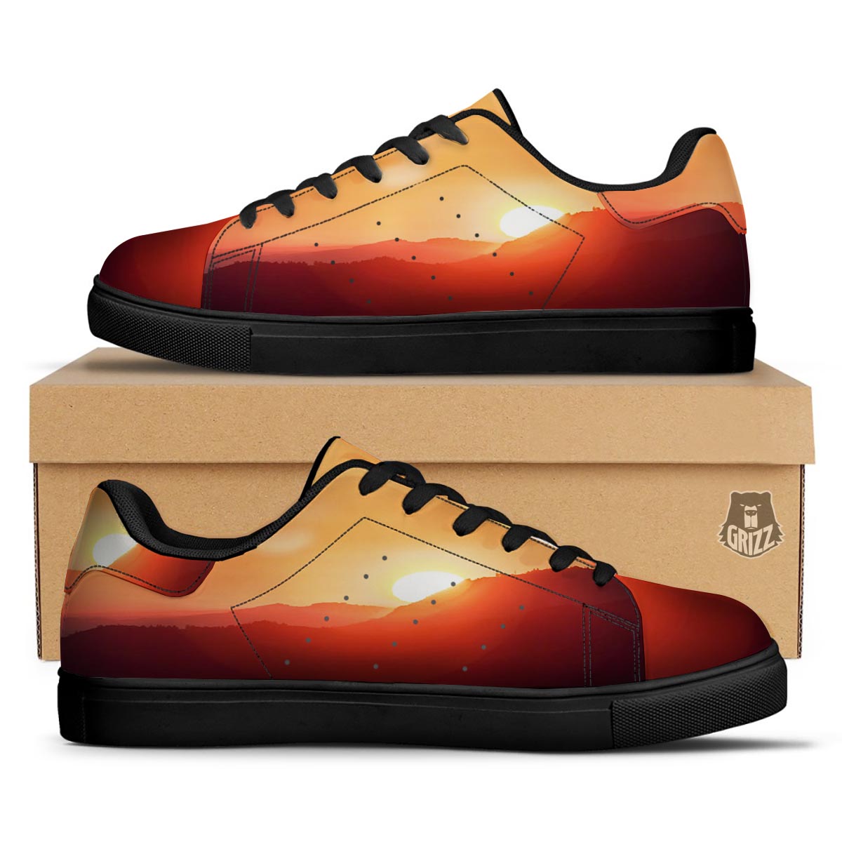 Mountain Sunrise Print Black Low Top Sneakers-grizzshop