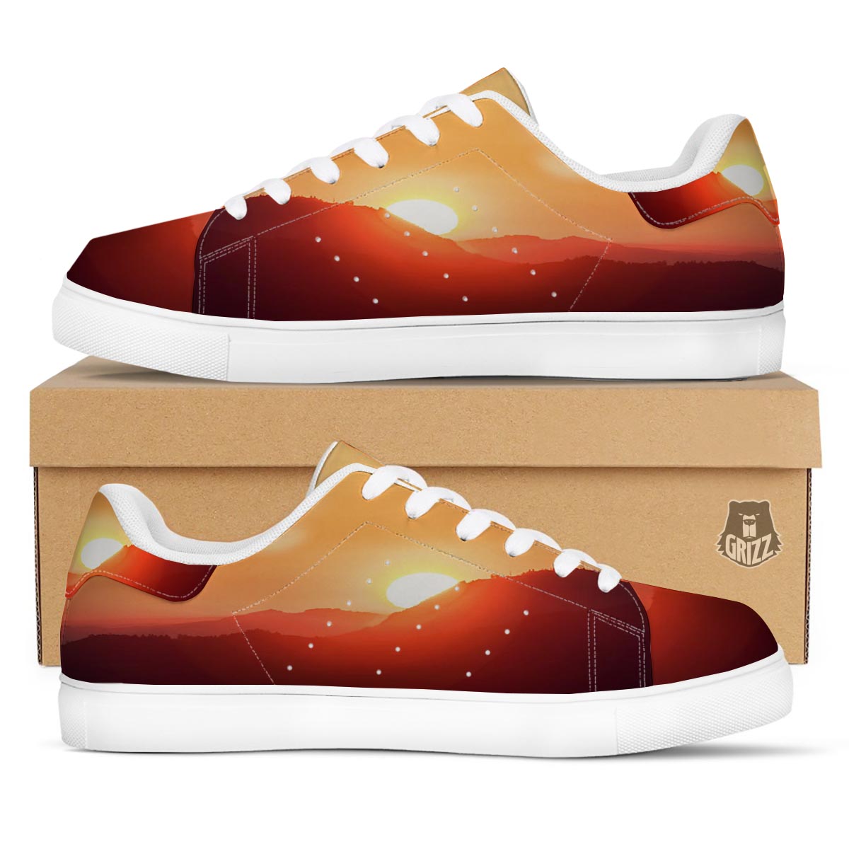 Mountain Sunrise Print White Low Top Sneakers-grizzshop